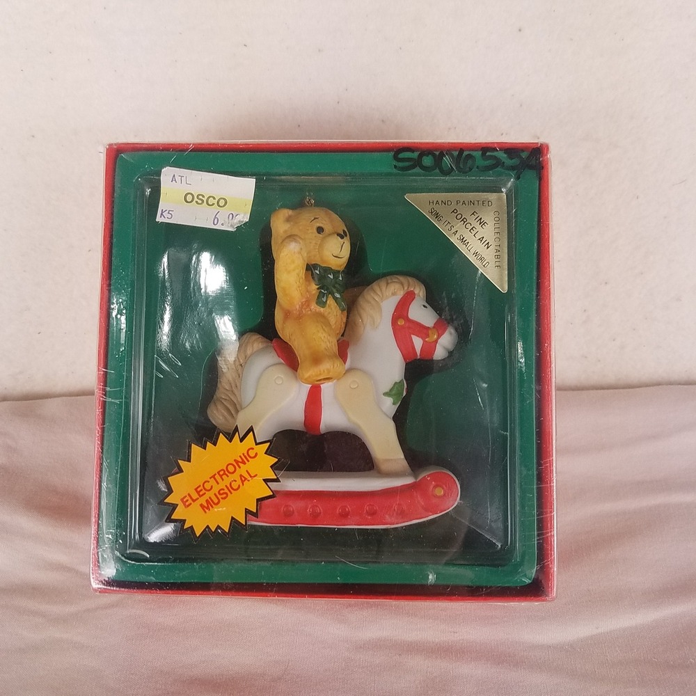 Christmas ornament 1984 Telco Musical Porcelain Bear Rocking Horse Bisque NWT‎